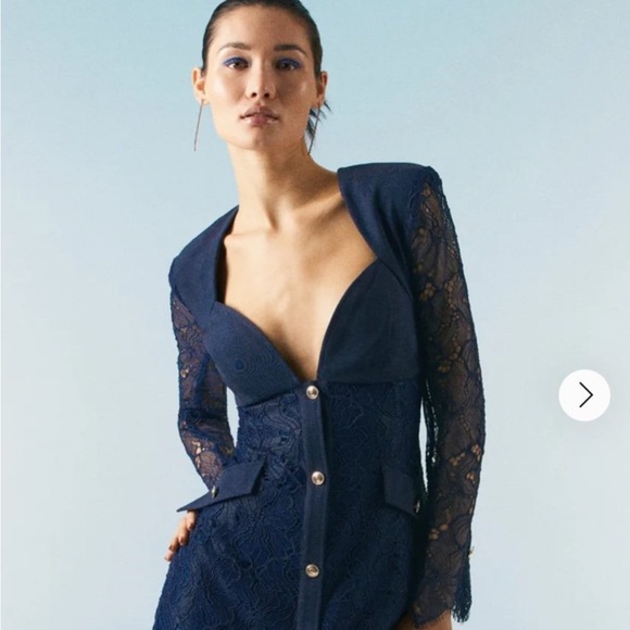 Karen Millen Navy Long Sleeve Lace Dress - Picture 3 of 5